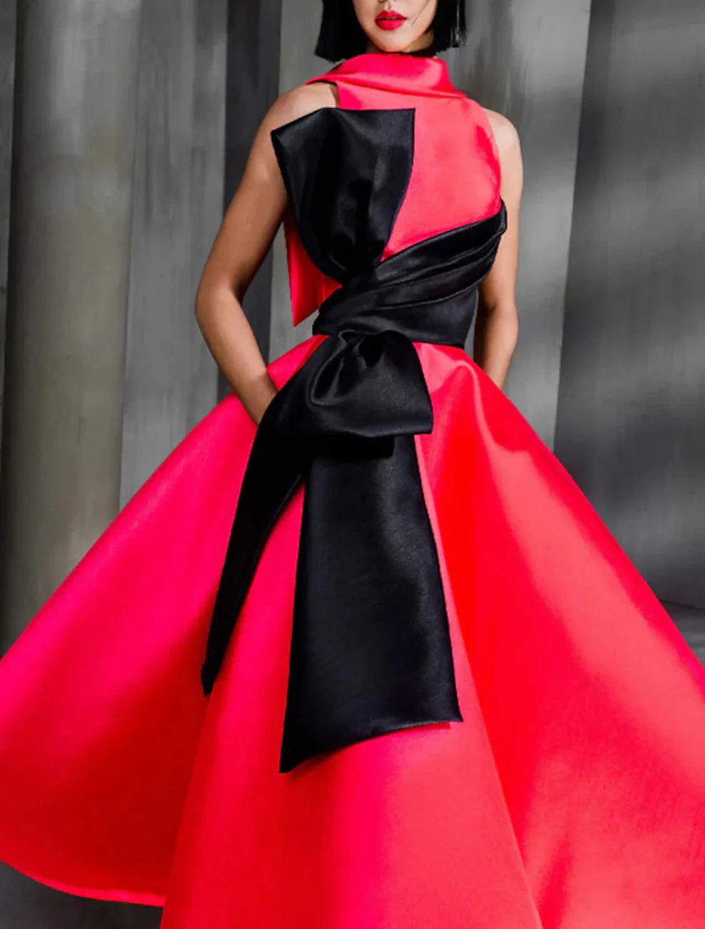Ball Gown Color Block Celebrity Style Elegant Prom Formal Evening Birthday Dress Christmas Red Green Dress High Neck Sleeveless Ankle Length Satin with Bow, AST1740