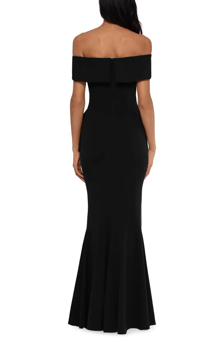 Elegant off the shoulder fishtail and floor length layered ruffled evening dress