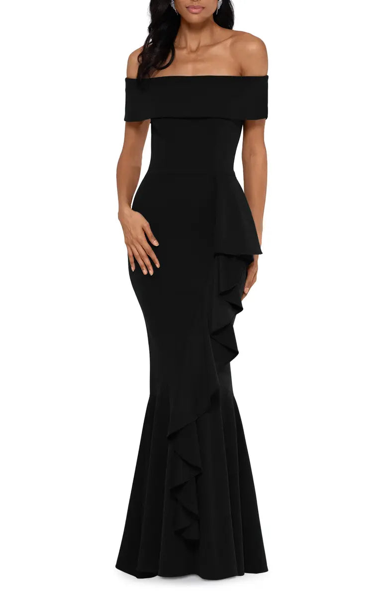 Elegant off the shoulder fishtail and floor length layered ruffled evening dress
