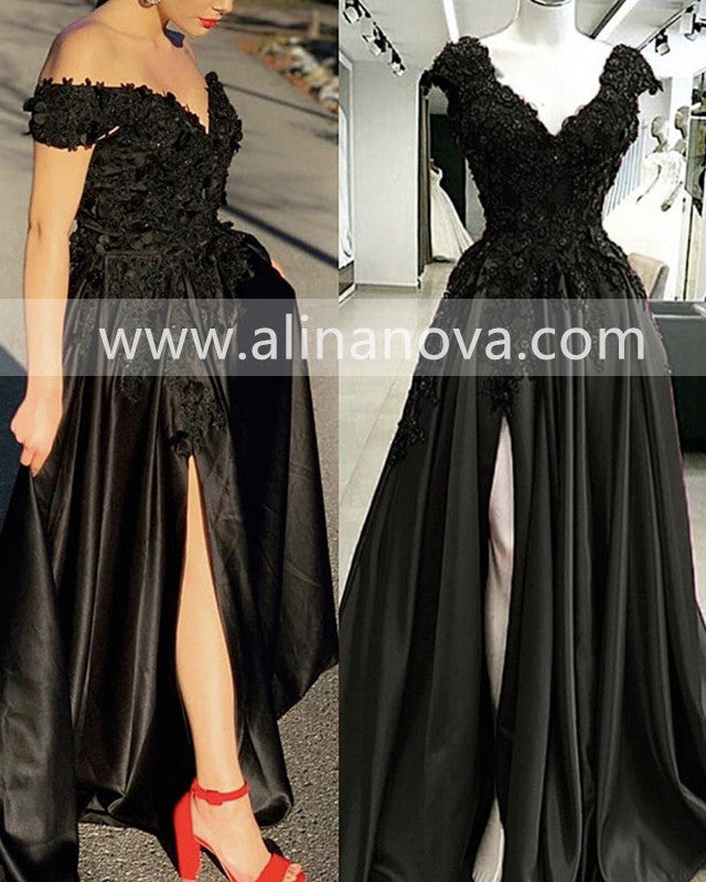 Lace Flowers Beaded Cap Sleeves V-neck Prom Dresses Split Evening Gowns