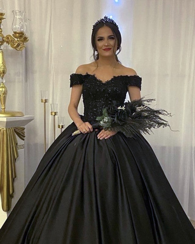 Black Wedding Dress Off Shoulder Satin Ball Gown Lace Appliques
