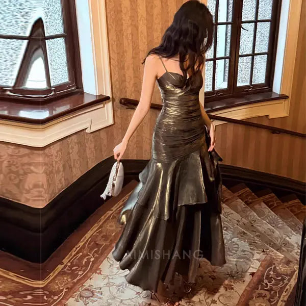 Aimishang Elegant Dark Chrome Ruffled Tiered Maxi Dress Long Prom Dress Charming Evening Party Dress Women's Dresses