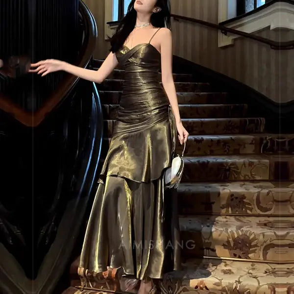 Aimishang Elegant Dark Chrome Ruffled Tiered Maxi Dress Long Prom Dress Charming Evening Party Dress Women's Dresses