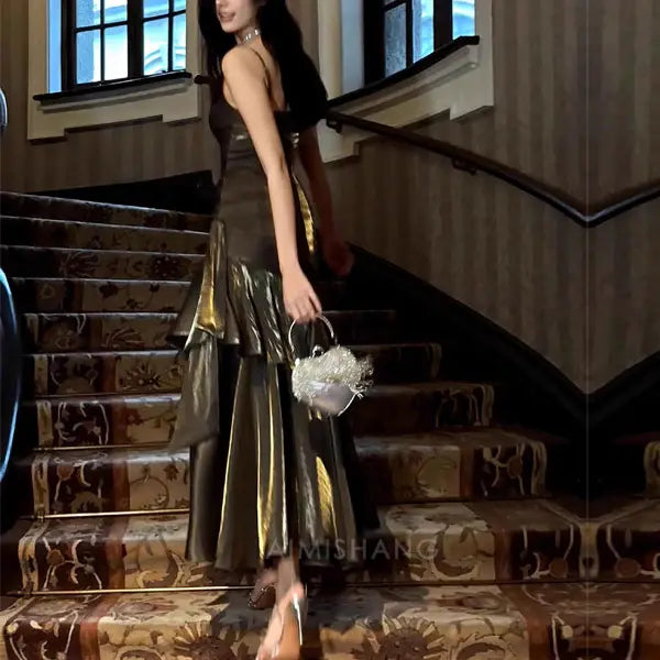 Aimishang Elegant Dark Chrome Ruffled Tiered Maxi Dress Long Prom Dress Charming Evening Party Dress Women's Dresses