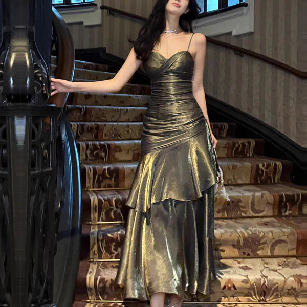 Aimishang Elegant Dark Chrome Ruffled Tiered Maxi Dress Long Prom Dress Charming Evening Party Dress Women's Dresses