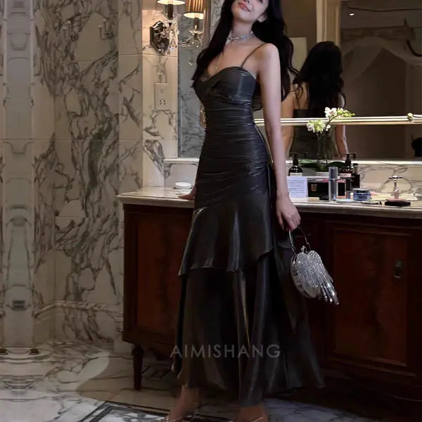 Aimishang Elegant Dark Chrome Ruffled Tiered Maxi Dress Long Prom Dress Charming Evening Party Dress Women's Dresses