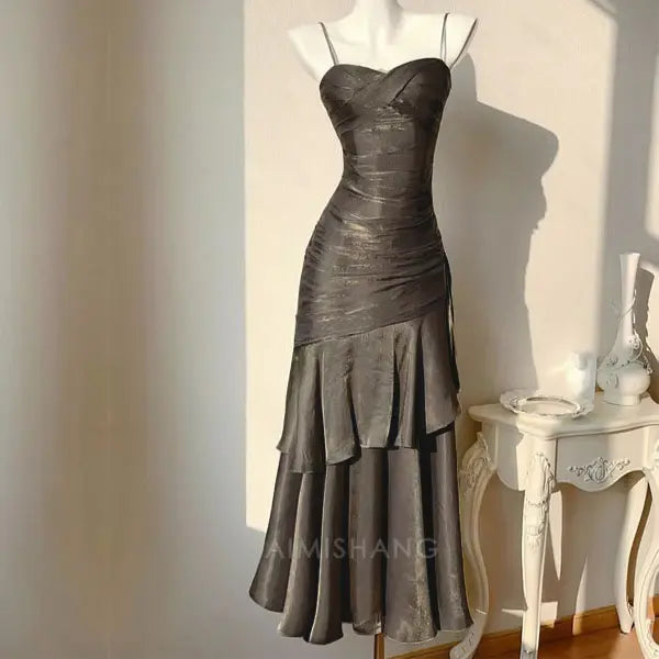 Aimishang Elegant Dark Chrome Ruffled Tiered Maxi Dress Long Prom Dress Charming Evening Party Dress Women's Dresses