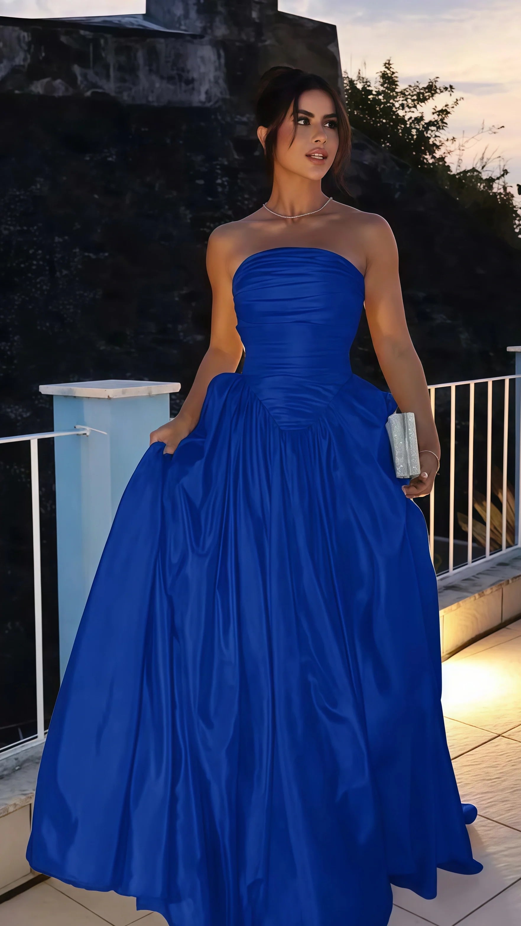 Blue Strapless A-line Satin Prom Dress, AST1738