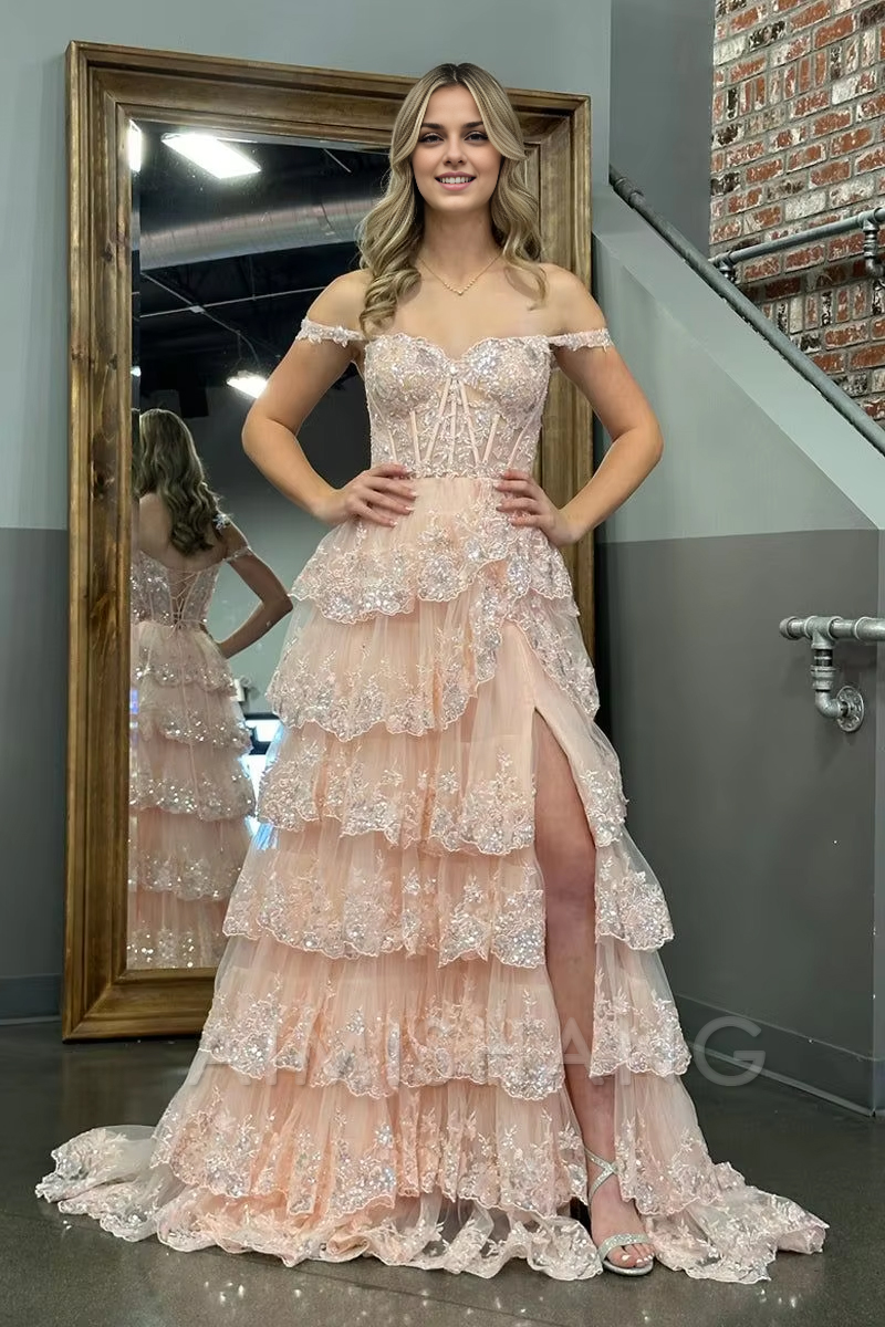 Aimishang A Line Tulle Appliques Off-the-Shoulder Ruffle Long Prom Dress Sweetheart Tiered Skirt Corset Lace Formal Dress Charming Evening Party Sparkly Dress