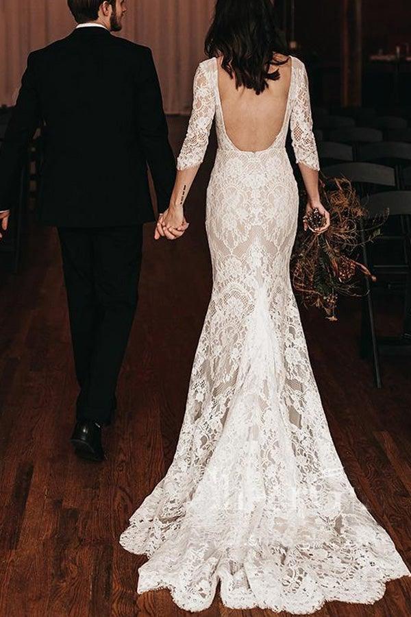 Boho Mermaid Lace V Neck Wedding Dresses With Court train