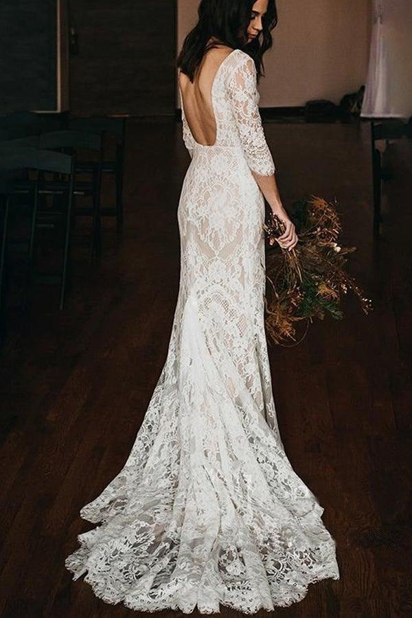 Boho Mermaid Lace V Neck Wedding Dresses With Court train