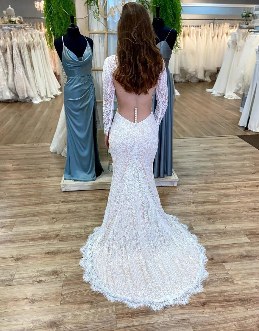 Aimishang Wedding Dress Boho Mermaid Round Neck Long Sleeves Open Back Lace