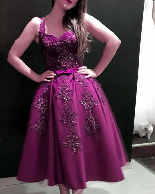 Tea Length Satin Sweetheart Appliques Dress