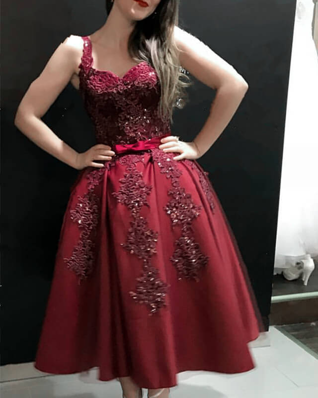 Tea Length Satin Sweetheart Appliques Dress