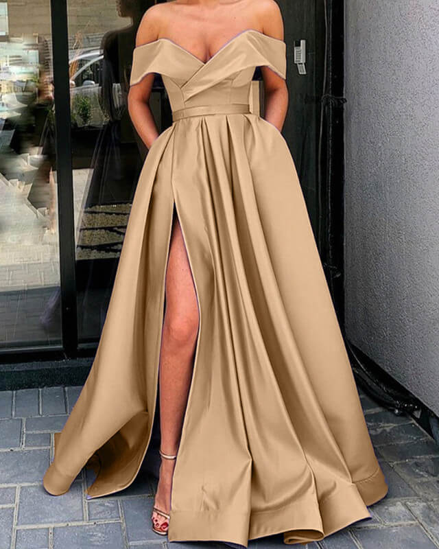 Long Champagne Satin Off Shoulder High Slit Dress