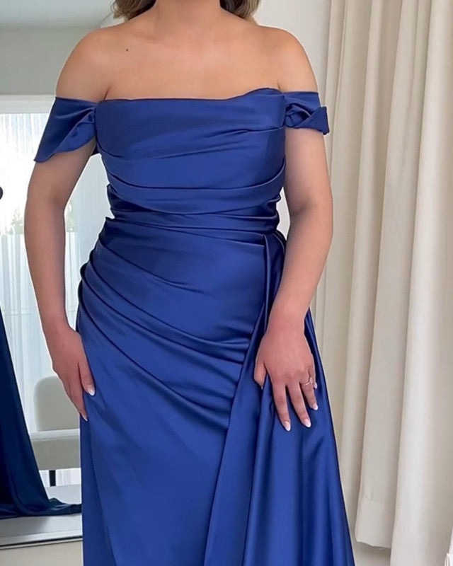 Mermaid Ruched Satin Off-the-shoulder dress with slit