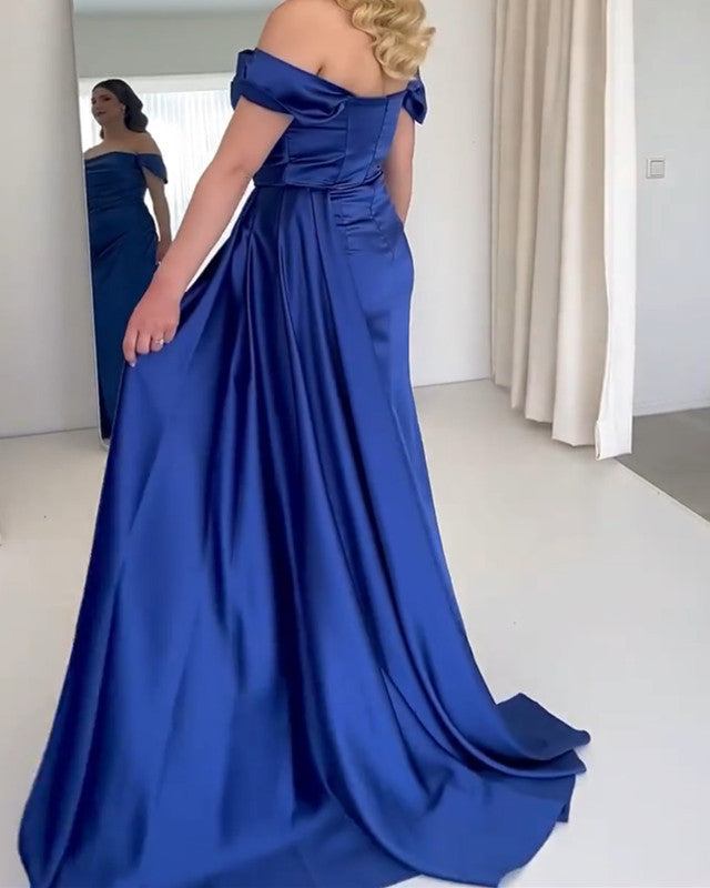 Mermaid Ruched Satin Off-the-shoulder dress with slit