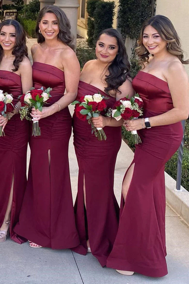 Satin Strapless Long Bridesmaid Dress with Slit