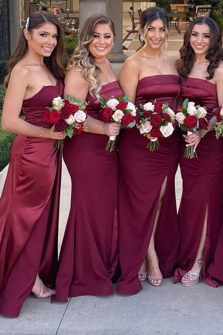 Satin Strapless Long Bridesmaid Dress with Slit