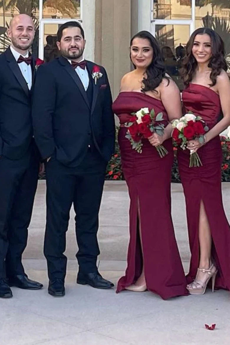 Satin Strapless Long Bridesmaid Dress with Slit