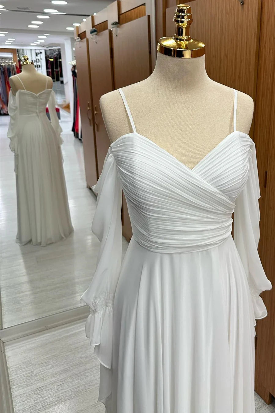 Spaghetti Straps Cold-Shoulder Floor Length Chiffon Bridesmaid Dress