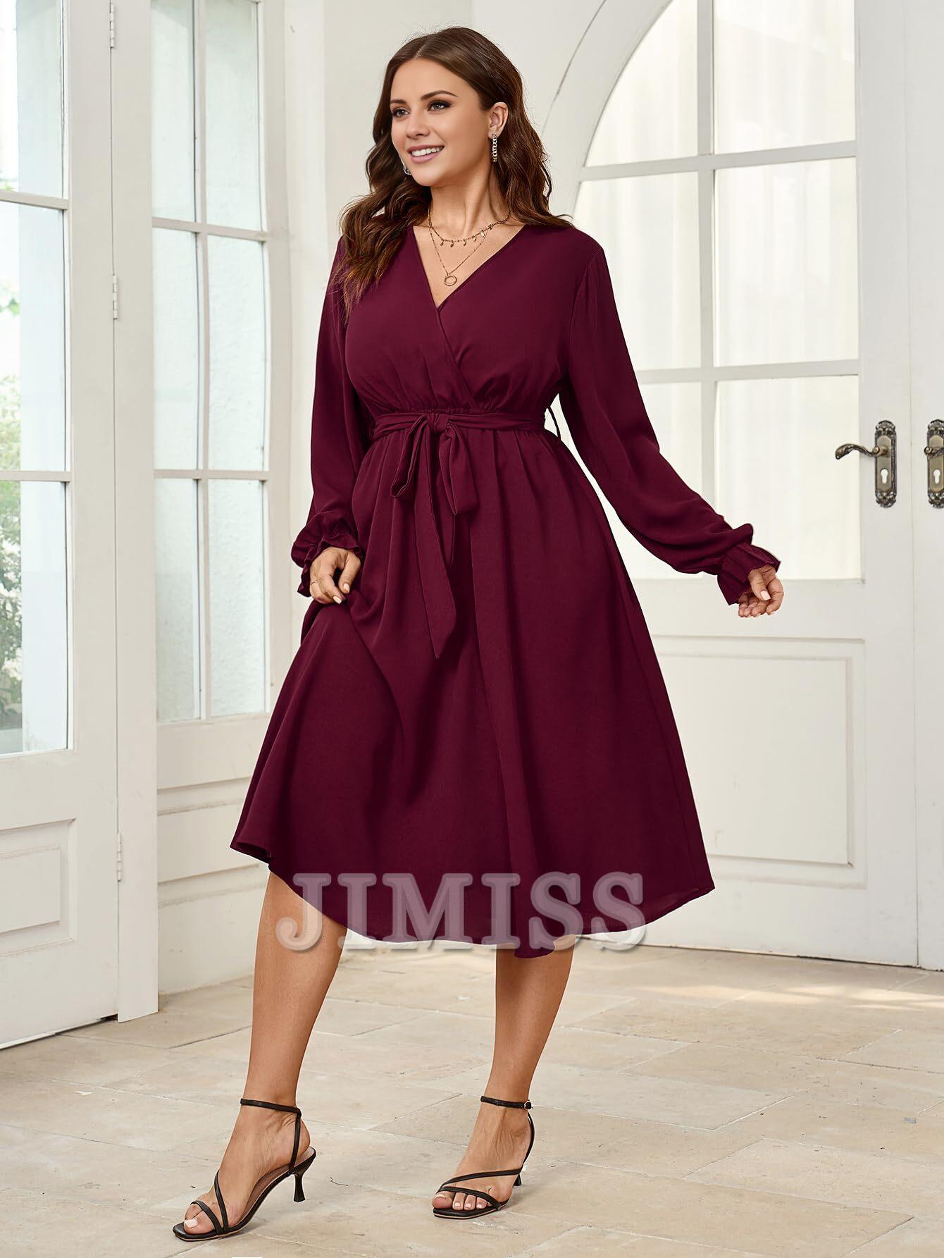 Plus size evening dress mid length dress winter long sleeved wrap V-neck belt A-line flowing party dress