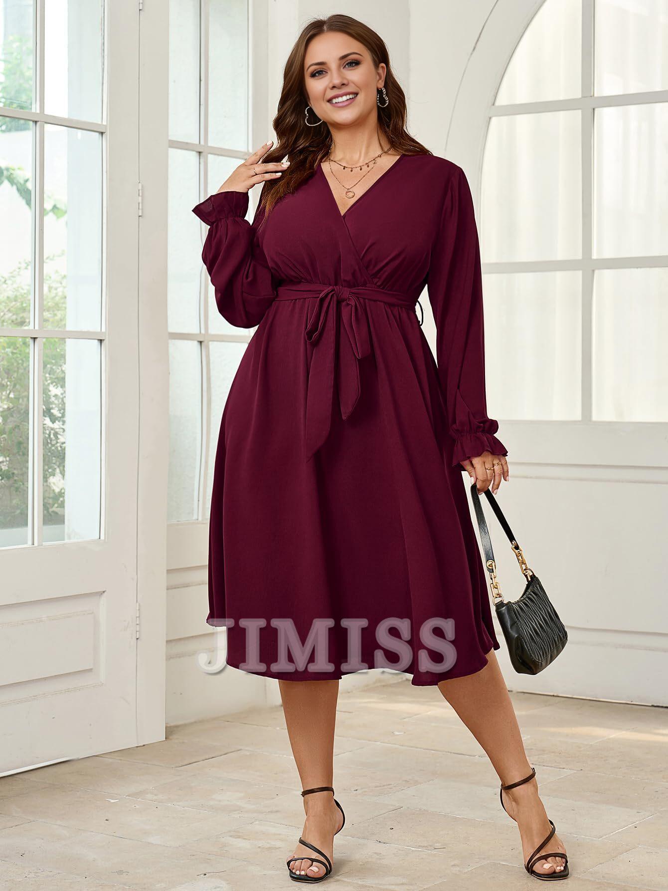 Plus size evening dress mid length dress winter long sleeved wrap V-neck belt A-line flowing party dress