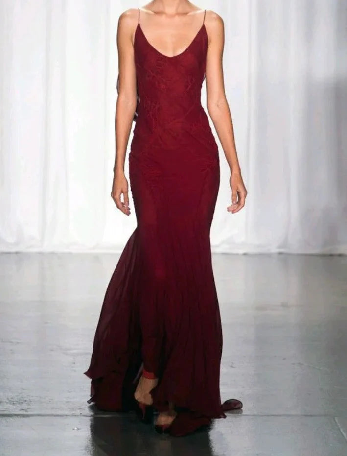 Burgundy Mermaid Chiffon Lace Prom Dress Backless Formal Gown, AST897