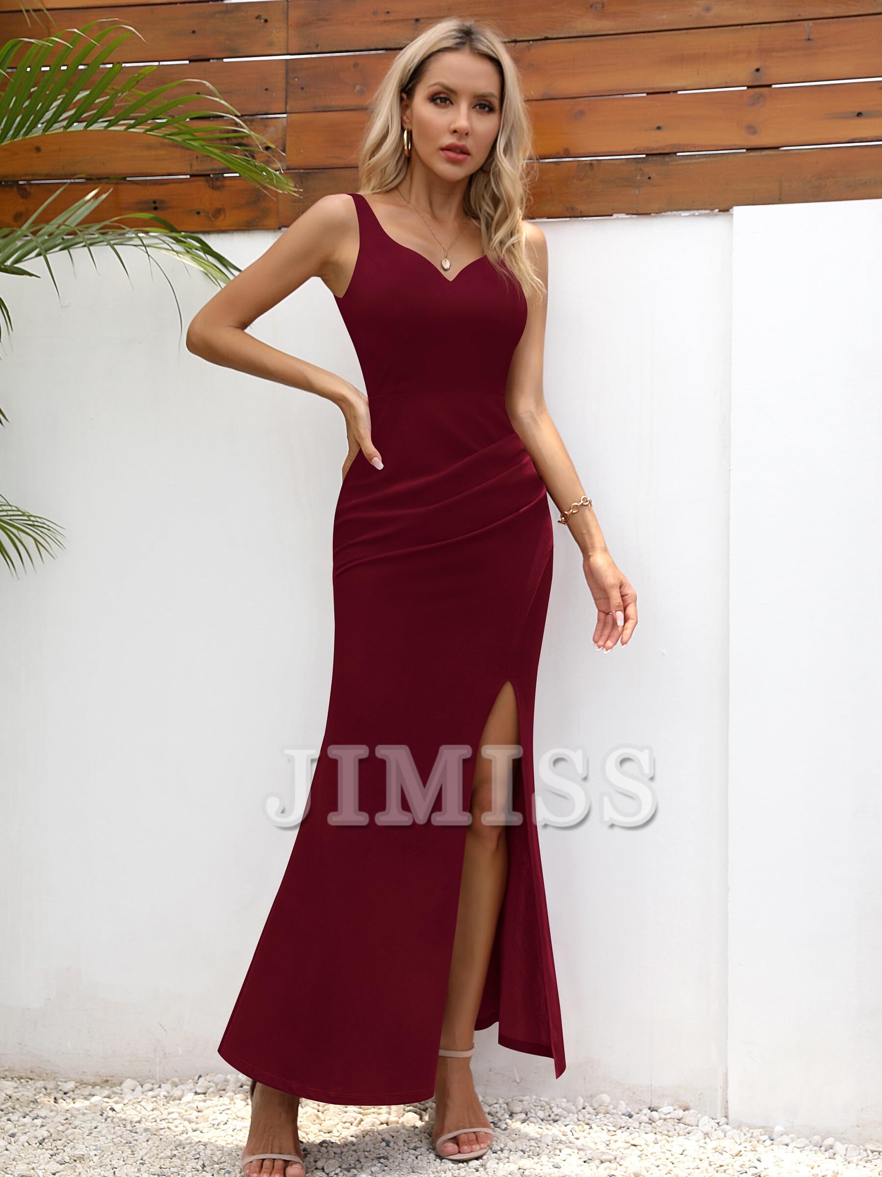 Rooster neckline sleeveless ruffled high slit evening gown