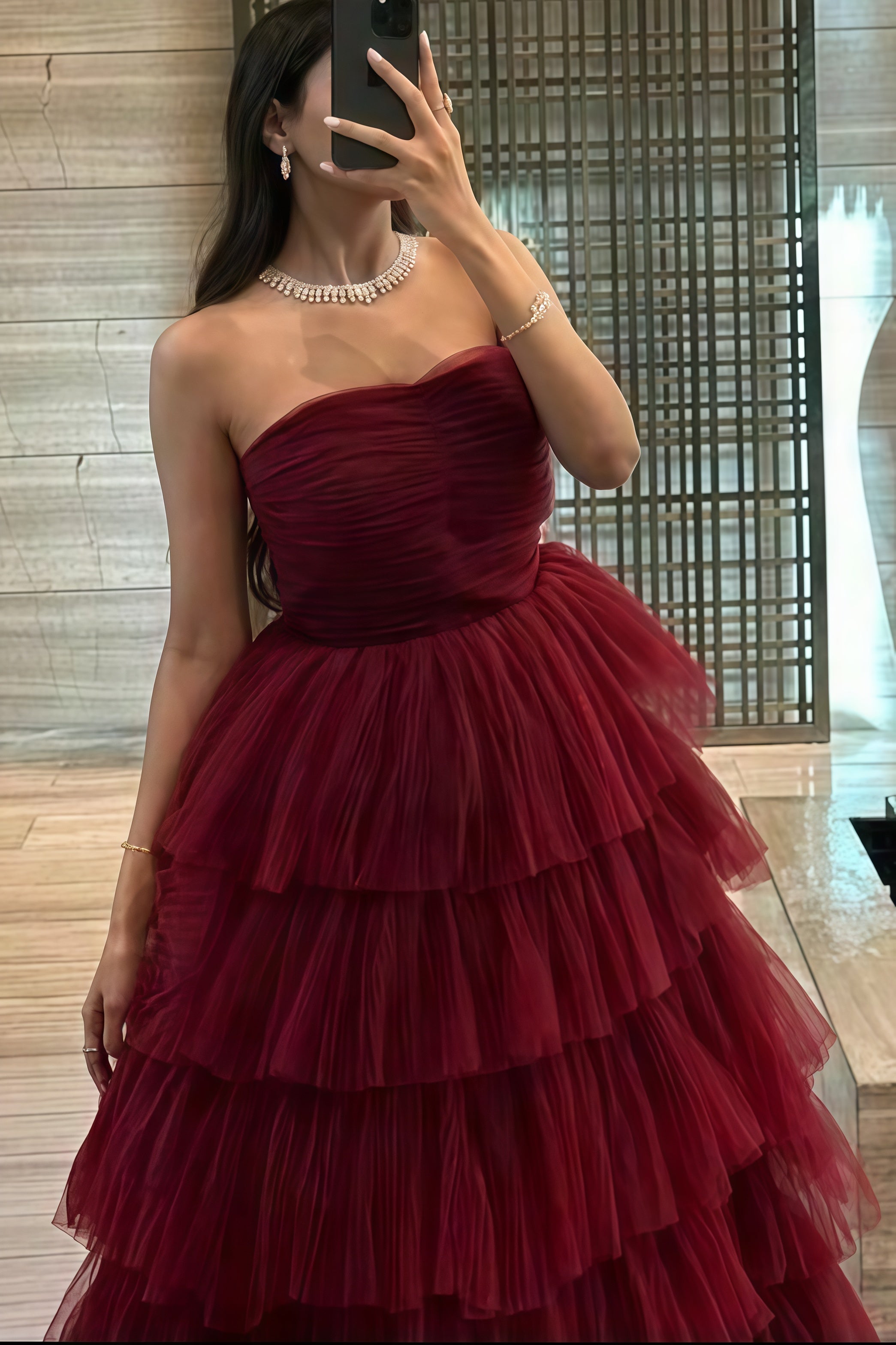 Burgundy Strapless Tiered Tulle Prom Dress Long Formal Gowns