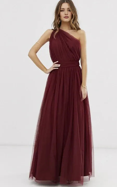Burgundy Tulle One Shoulder And Open Back Bridesmaid Dress With Ruching Prom Dress/Dress For Formal