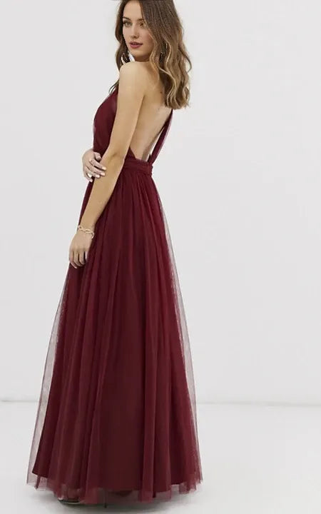 Burgundy Tulle One Shoulder And Open Back Bridesmaid Dress With Ruching Prom Dress/Dress For Formal