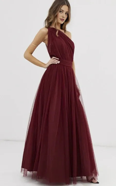 Burgundy Tulle One Shoulder And Open Back Bridesmaid Dress With Ruching Prom Dress/Dress For Formal