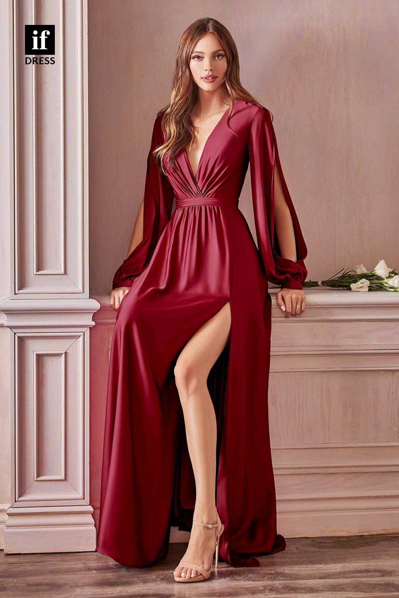 31924 - Classy V-Neck Long Sleeves High Slit Prom Evening Bridesmaid Dress