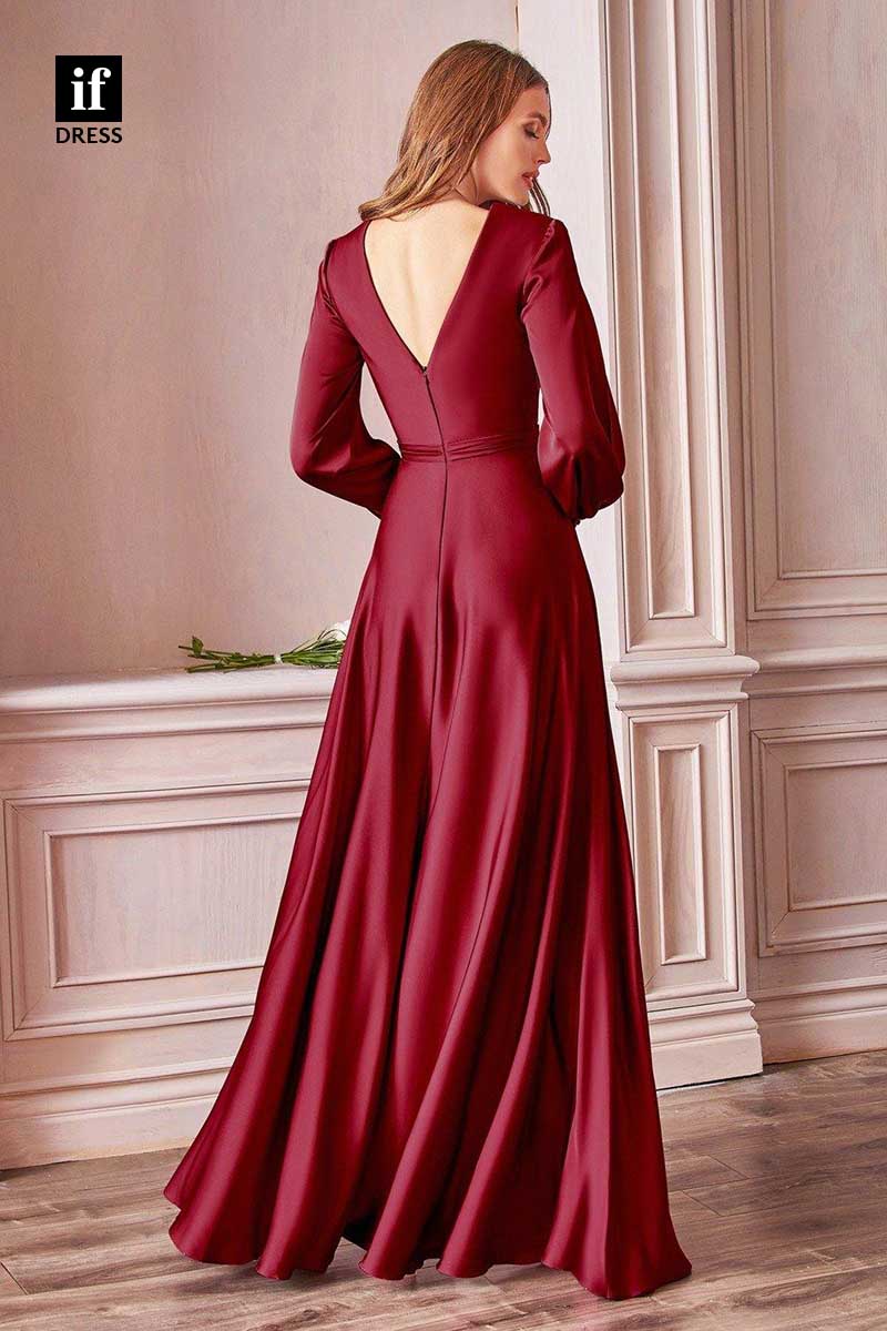 31924 - Classy V-Neck Long Sleeves High Slit Prom Evening Bridesmaid Dress