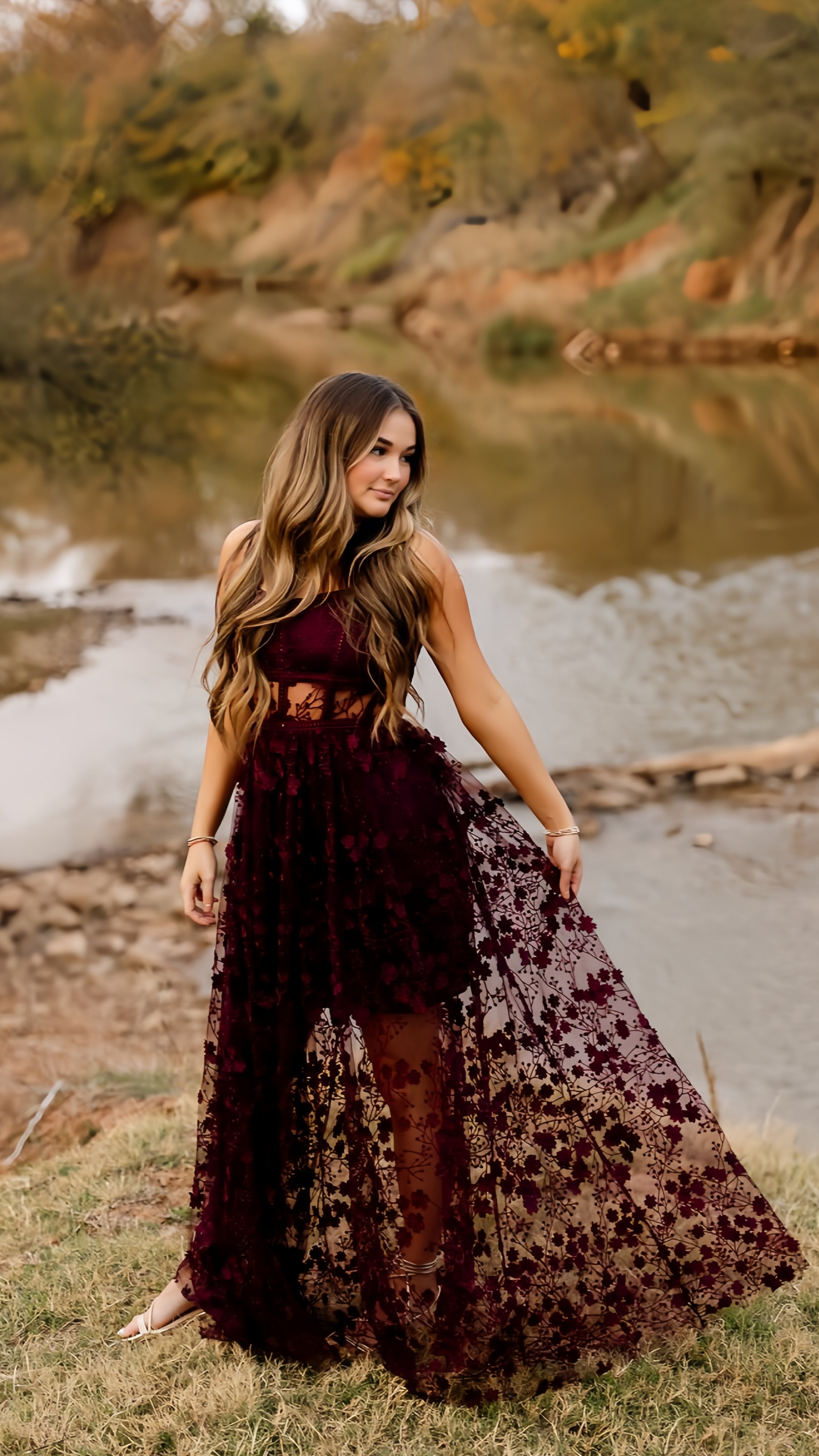 Burgundy Lace Evening Formal Prom Gown, Long Party Dress, AST1537
