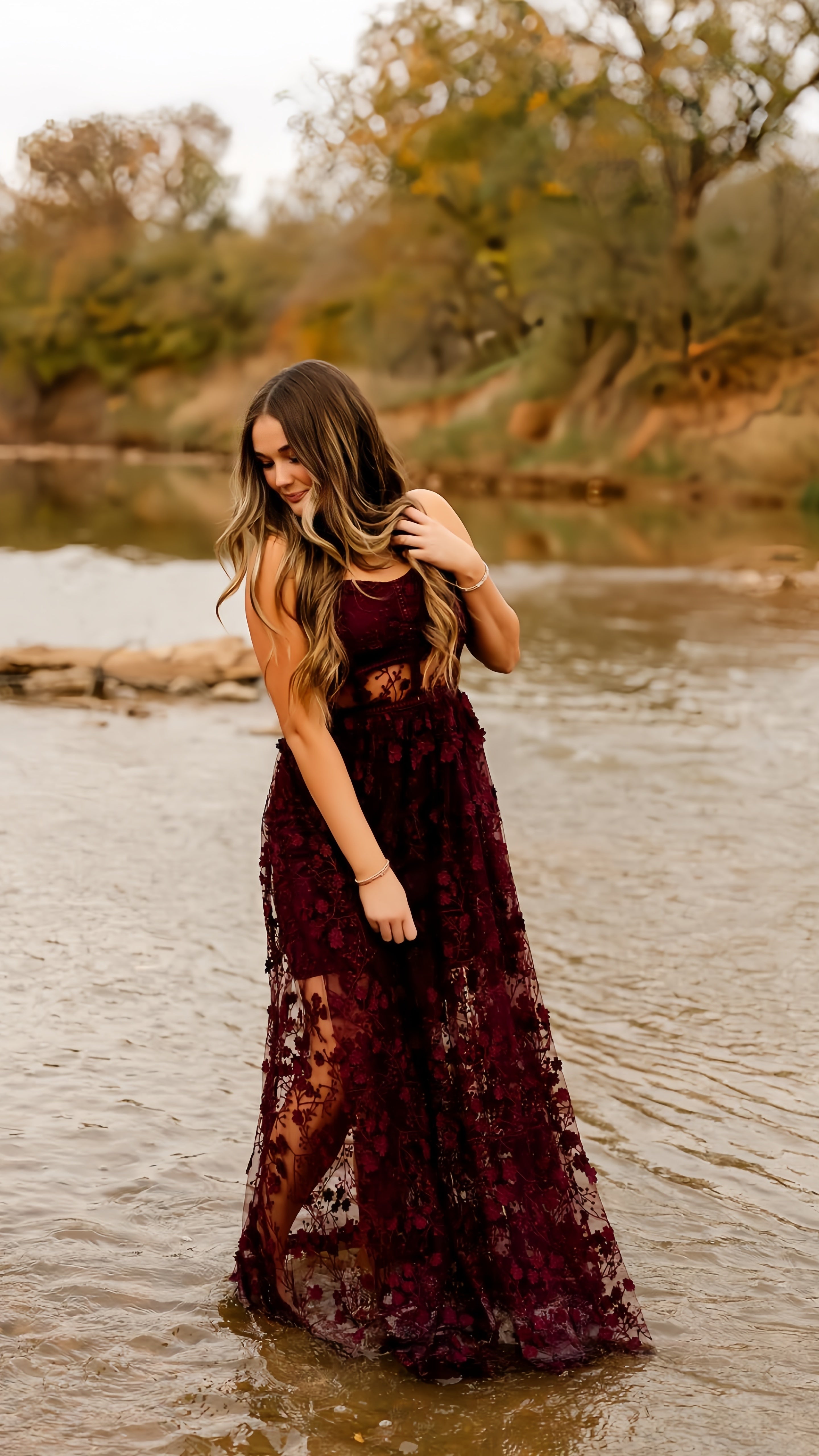 Burgundy Lace Evening Formal Prom Gown, Long Party Dress, AST1537