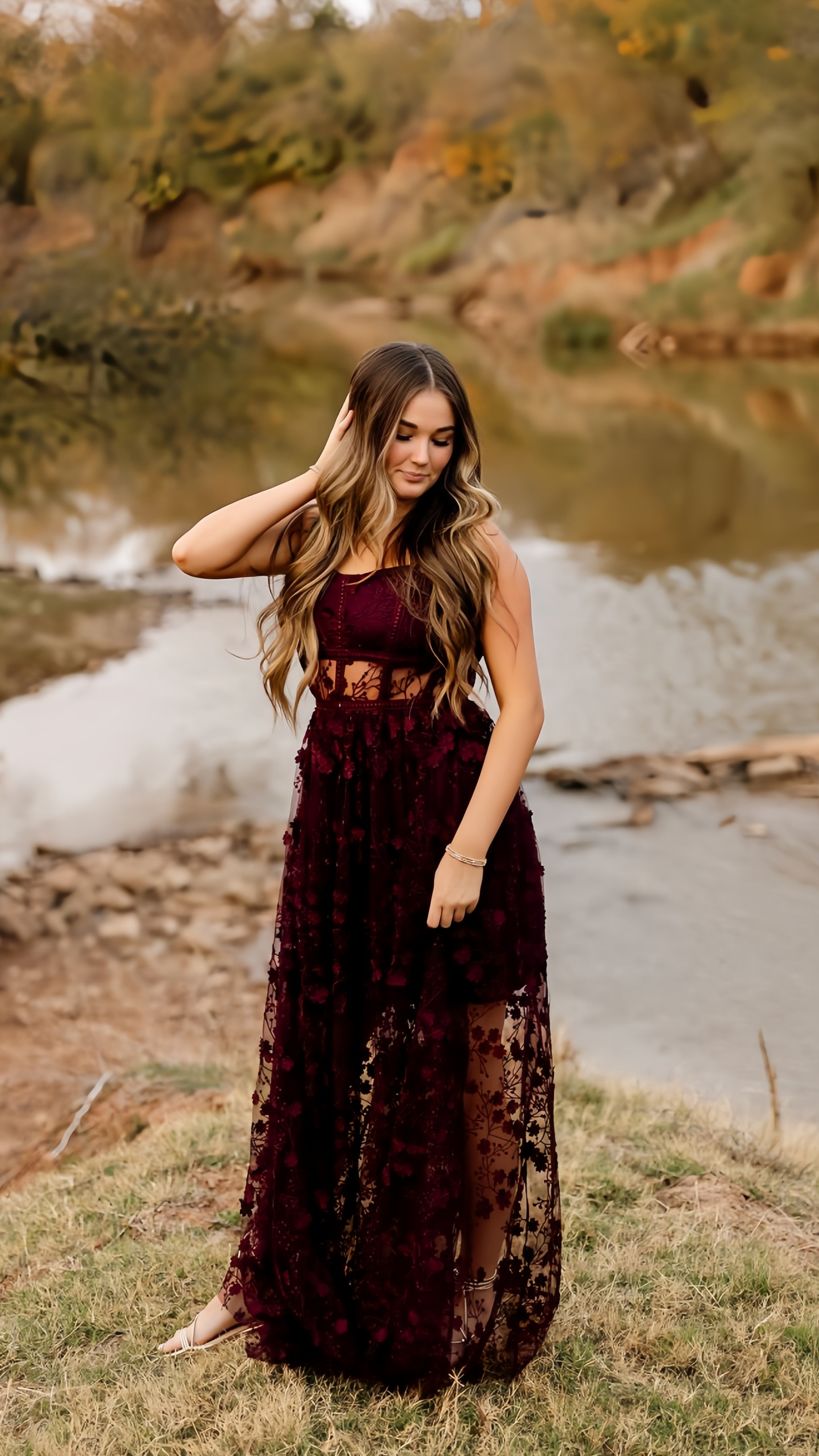 Burgundy Lace Evening Formal Prom Gown, Long Party Dress, AST1537