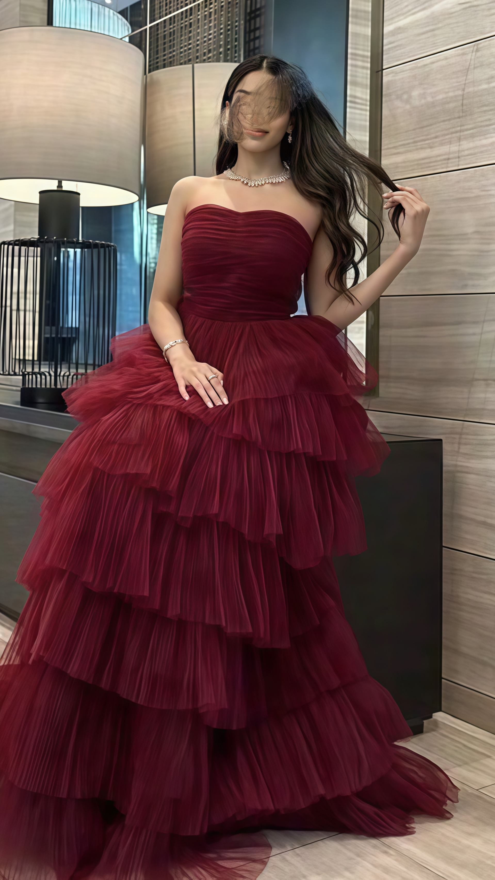 Burgundy Strapless Tiered Tulle Prom Dress Long Formal Gowns