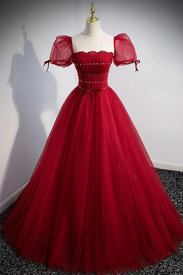 Burgundy A line Tulle Long Prom Dress, Burgundy Evening Dress TP1123