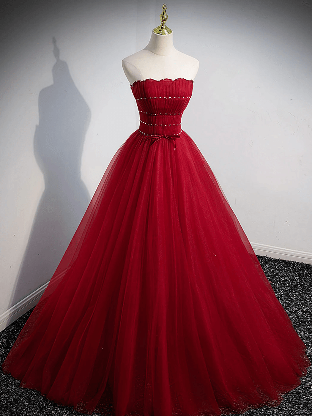 Burgundy A line Tulle Long Prom Dress, Burgundy Evening Dress TP1123