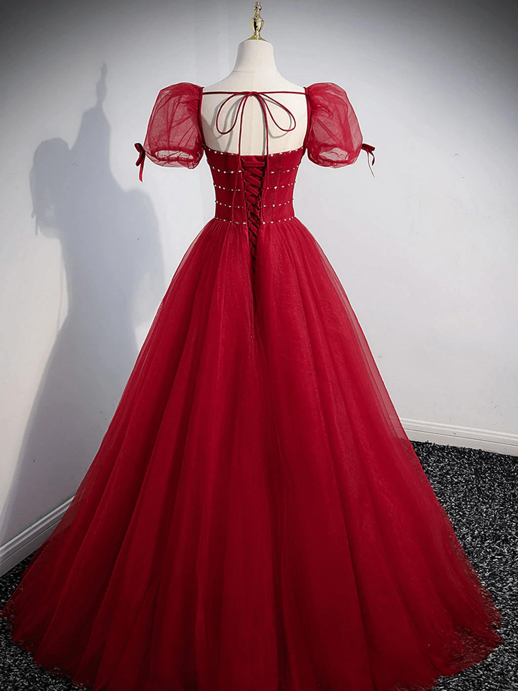 Burgundy A line Tulle Long Prom Dress, Burgundy Evening Dress TP1123