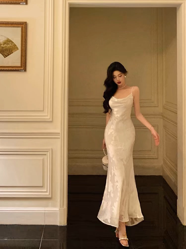 Gorgeous Mermaid Spaghetti Straps Date Night Dress Floral Ivory Satin Prom Dresses Birthday Outfit SD744