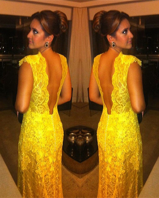 A-Line High Neck Lace Dresses Backless Floor Length Gowns