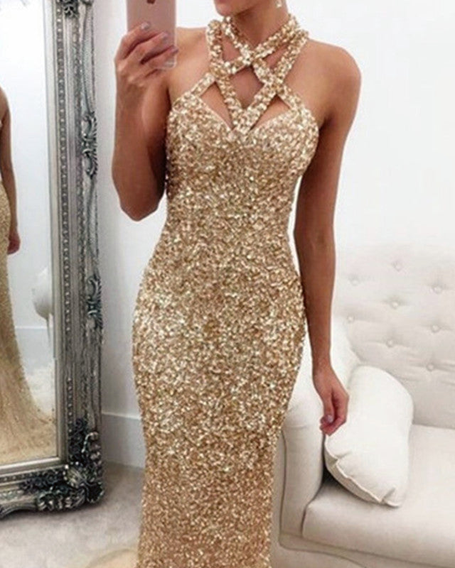 Fully Crystal Beaded Halter Long Champagne Mermaid Evening Gowns