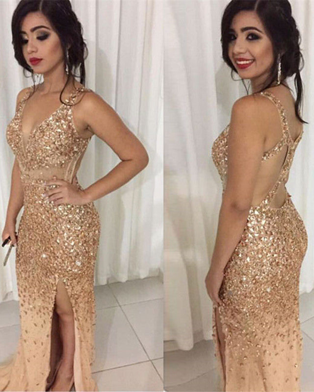 Sexy V Neck Leg Slit Champagne Mermaid Prom Dress Crystal Beaded