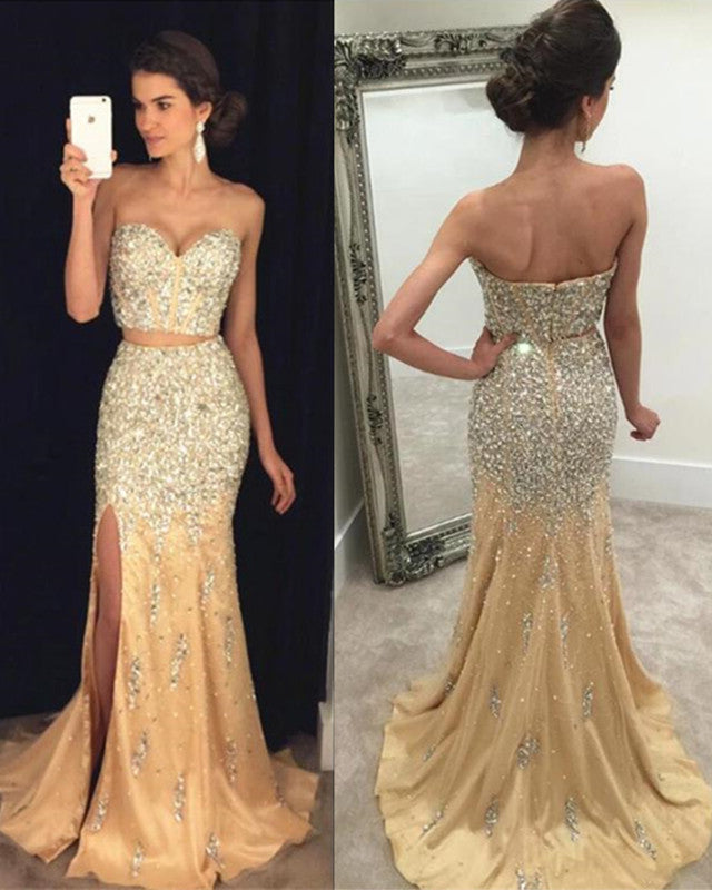 Champagne Two Piece Prom Dress Mermaid Crystal Beaded