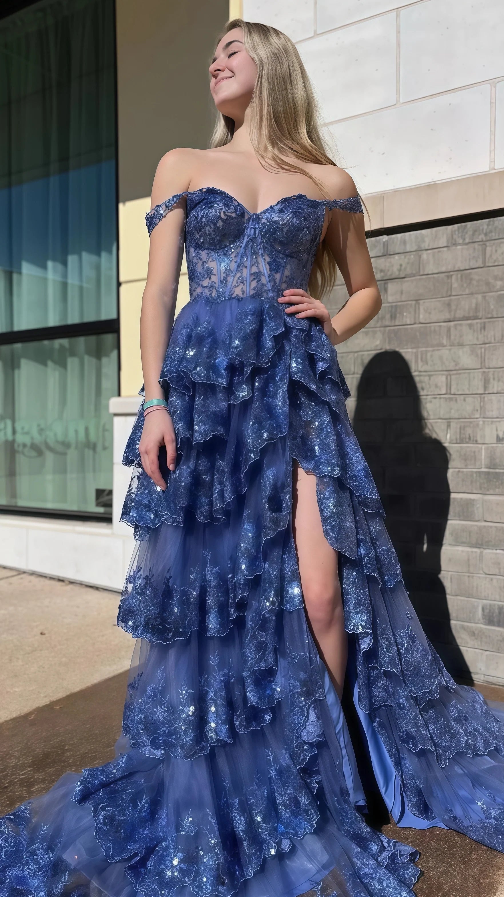 Charming Applique Tiered A-Line Senior Prom Dress, Long Party Gown,AST1622