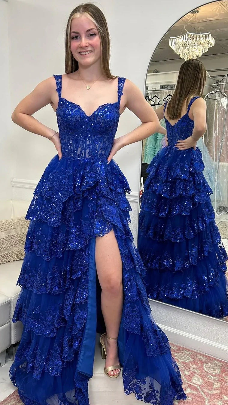 Charming Applique Tiered A-Line Senior Prom Dress, Long Party Gown,AST1622