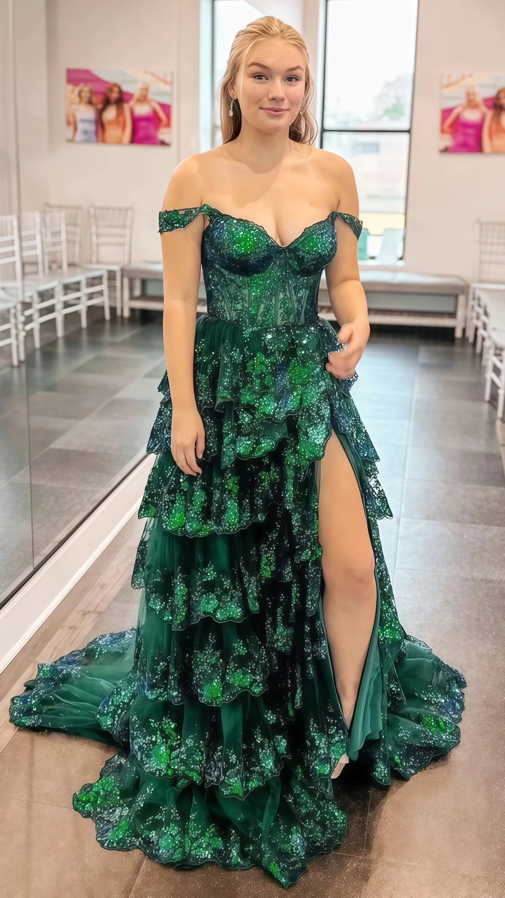 Charming Applique Tiered A-Line Senior Prom Dress, Long Party Gown,AST1622